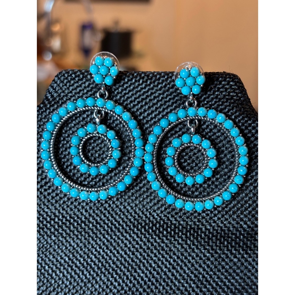 Turquoise Beaded Double Hoop Drop Earrings Silver Tone Boho Statement Dangles